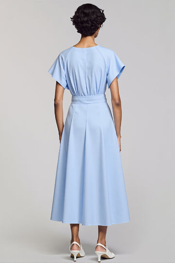Sky Blue Short Sleeves A Line Long Work Dress with Belts